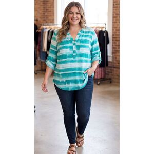 New Torrid Harper Aqua Challis Roll Tab Blouse Women's Size Large(Torrid Size 0)